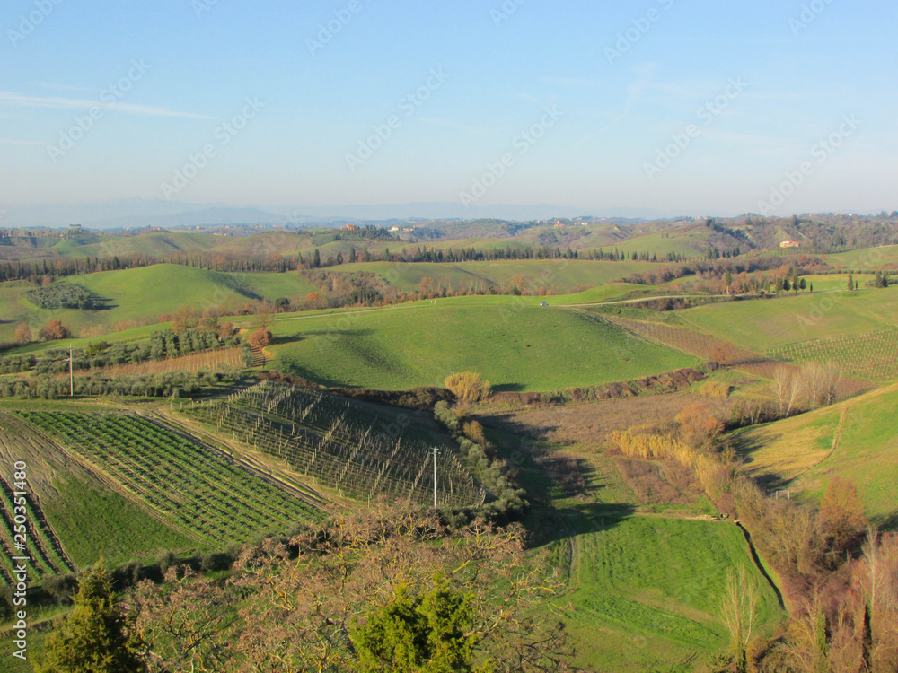 Winter tuscany landscape with green fields and blue sky from tower of medieval town Certaldo