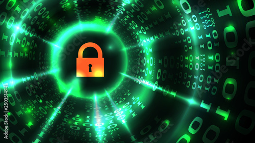 Computer system protection, database security, safe internet. Lock symbol on abstract computer data background programming binary code, data protection technology. Vector illustration