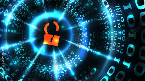 Hacking computer system, database, social network account. Hacked lock symbol on abstract computer data background programming binary code, data theft. Vector illustration