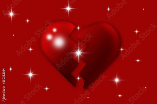 The red heart broke on a red background with the concept of unrequited love.