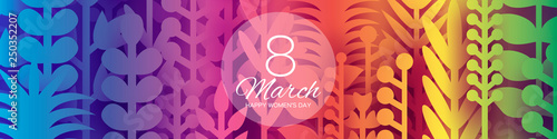 8 March Banner. Origami Spring Flowers for Happy Womens day. Mixed Colorful Paper cut outs plants, flowers, tropical leaves. Circle space for text. Mothers Day. Happy holidays.
