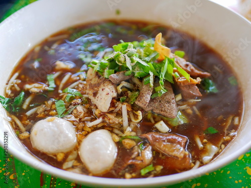 Closeup of fresh noodles soup with pork and its tasty thick broth (Guay Tiao Nam Tok Moo) - delicious and healthy street food in Thailand photo