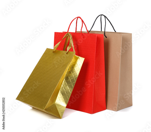 Group of color paper shopping bags isolated on white background, Chinese new year shopping Concept