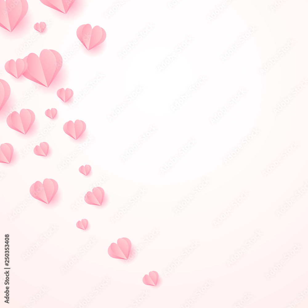 Abstract background with paper cut pink hearts flying. Vector.