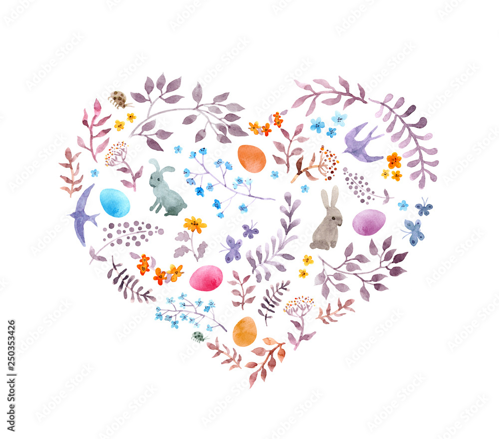 Cute easter heart with rabbits, eggs, vintage flowers, birds. Watercolor