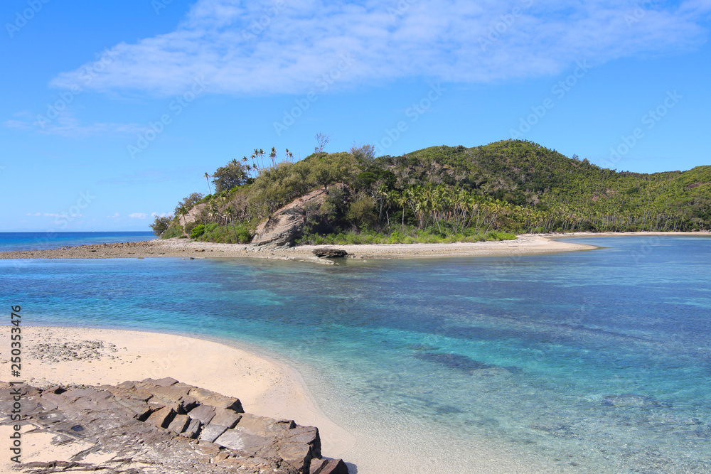 View of Narara Island and Naukacuvu Island beach and lagoon in the Yasawa archipelago, Fiji