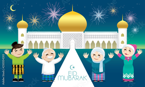 A Muslim family celebrating Raya festival, with a mosque background. Caption: happy holiday. Vector.