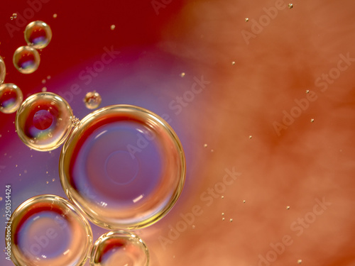 Water bubbles on abstract background. Close up shot. Blurred background. Glitering spheres in space. Abstract liquid universe. Motion of water bubbles in liquid. Macro shot