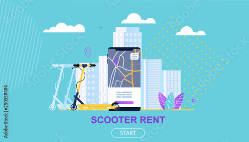 Flat Banner Scooter Rent Against Sky and Clouds.