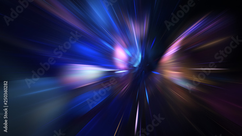 Abstract holiday background with blurred rays and sparkles. Fantastic blue and rose light effect. Digital fractal art. 3d rendering.