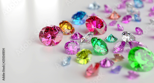Colorful Gemstones placed on white reflection background 3d rendering
