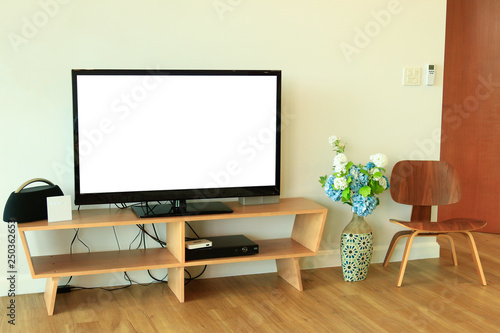 White screen on television in living room for create advertise 
