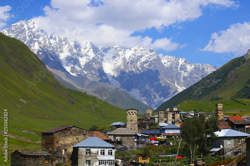 The mountains of the Great Caucasus dominate the village of Ushguli in Svaneti in Georgia