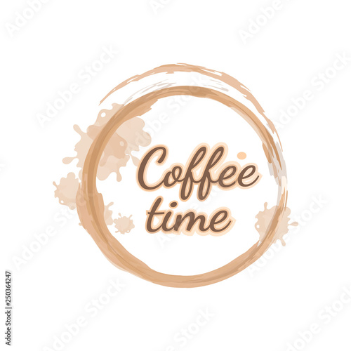 Light brown handwritten lettering coffee time as reminder for break, rest, waking up in the morning