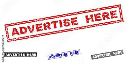 Grunge ADVERTISE HERE rectangle stamp seals isolated on a white background. Rectangular seals with distress texture in red, blue, black and grey colors.