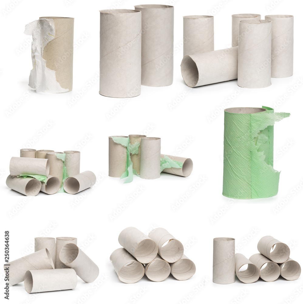 A selection of cardboard toilet paper tubes in various arrangements  isolated on a white background Stock Photo