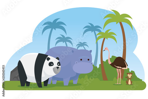 ostrich with panda and hippopotamus wild animals