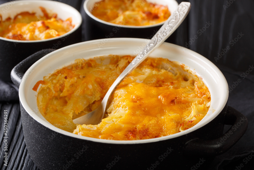 potato gratin baked with sour cream, onions and cheddar cheese close-up in a pan. horizontal potato gratin baked with sour cream, onions and cheddar cheese close-up in a pan. horizontal