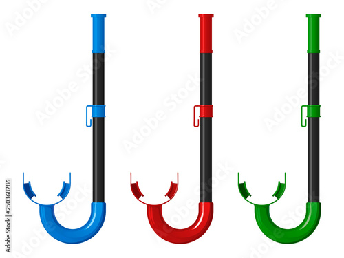 Set of plastic snorkels for swimming, blue, red and green, isolated vector illustration on white background