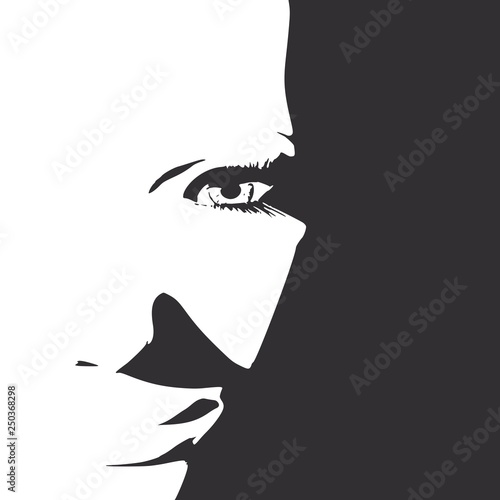 Face front view. Elegant silhouette of a female head. Portrait of a happy smiled woman