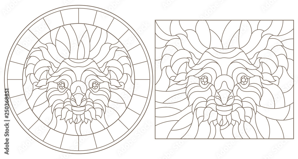 Set of contour stained glass illustrations with koala  bear head, round and square image, dark outline on white background