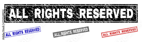 Grunge ALL RIGHTS RESERVED rectangle stamp seals isolated on a white background. Rectangular seals with grunge texture in red, blue, black and grey colors.