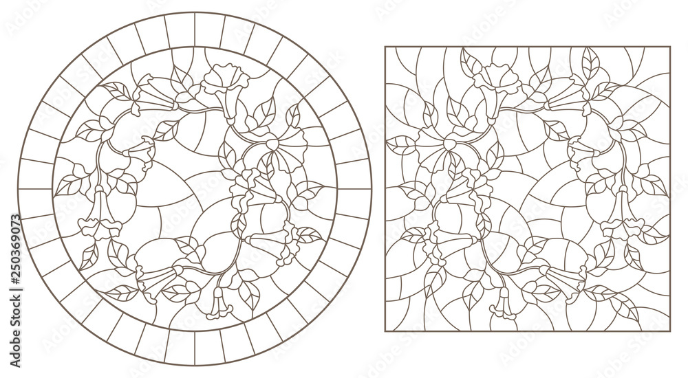 Set of contour illustrations of stained glass Windows with curly colors, round and rectangular image, dark contours on a white background Set of contour illustrations of stained glass Windows with curly colors, round and rectangular image, dark contours on a white background