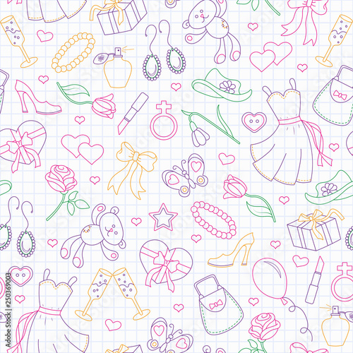 Seamless pattern on the theme of women, women's accessories and items, contour icons are drawn with colored markers on the clean writing-book sheet in a cage