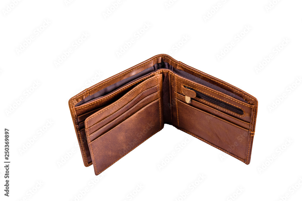 Opened brown leather wallet isolated on a white background Opened brown leather wallet isolated on a white background