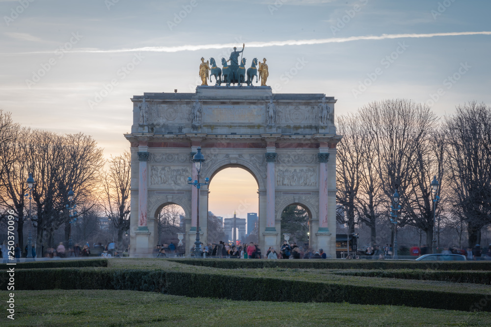 Paris, France - 02 17 2019: Triumphal arch of carousel at sunset