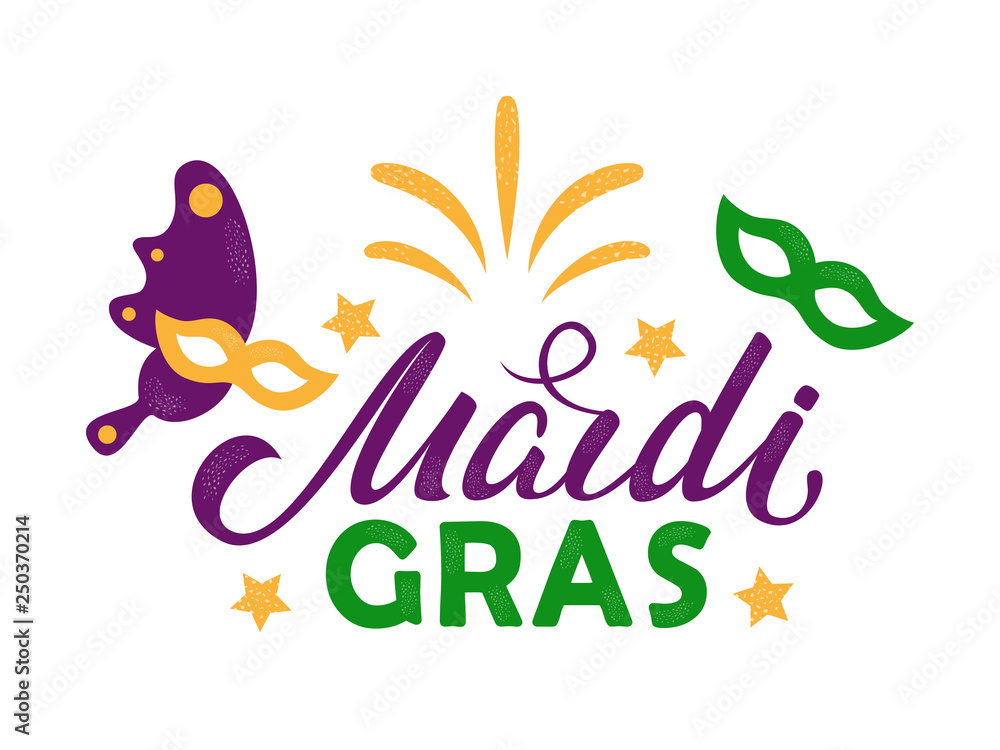 Mardi Gras purple and green text with masquerade masks and fireworks. American New Orleans Fat Tuesday poster, greeting card. Sidney Mardi Gras parade. Carnival lettering. Vector illustration.