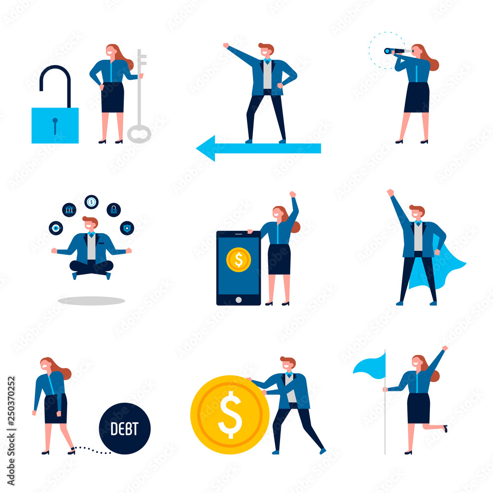 Business characters that represent financial information. flat design style minimal vector illustration