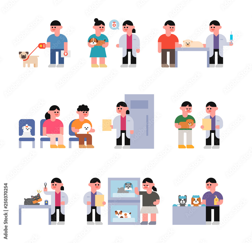Short, cute-style animal hospital characters. flat design style minimal vector illustration