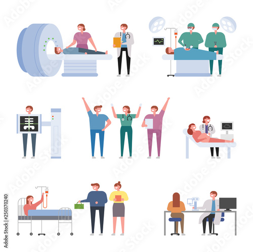 Physician and patient characters showing various hospital treatments. flat design style minimal vector illustration