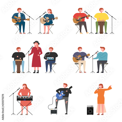 Musicians who are busking on the street. flat design style minimal vector illustration