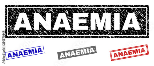 Grunge ANAEMIA rectangle stamp seals isolated on a white background. Rectangular seals with grunge texture in red, blue, black and gray colors.