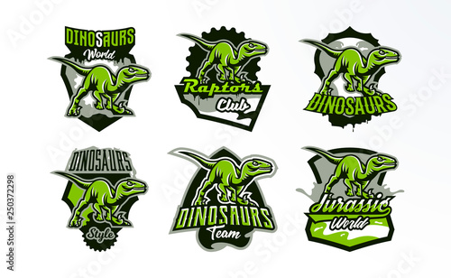 A set of emblems, badges, stickers, logos of dinosaur hunting. Predator Jurassic, a dangerous beast, an extinct animal, a mascot. Lettering, shield, print. Vector illustration