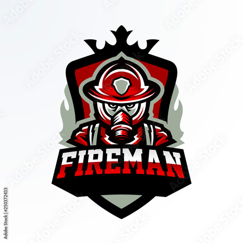 Colorful emblem, sticker, badge, logotype of a firefighter in a gas mask. Rescue unit, protective equipment, uniform, fire, service, shield, lettering. Vector illustration, printing on T-shirts