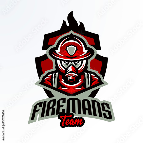 Colorful emblem, sticker, badge, logotype of a firefighter in a gas mask. Rescue unit, protective equipment, uniform, fire, service, shield, lettering. Vector illustration, printing on T-shirts