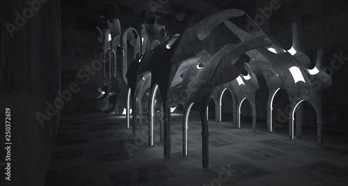 Abstract concrete gothic interior with neon lighting. 3D illustration and rendering.