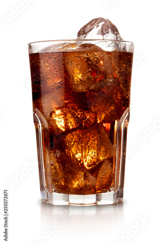 glass of cola with ice isolated on white background photo