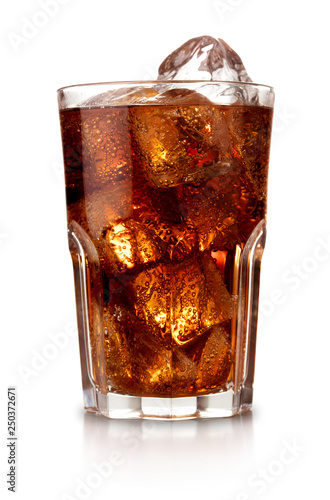 glass of cola with ice isolated on white background