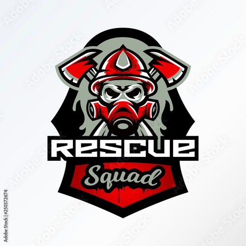 Colorful badge, logo, sticker, emblem skull fireman in gas mask and axes. Protection, rescue squad, uniform, bones, tools, fire, shield, lettering. T-shirt printing, vector illustration