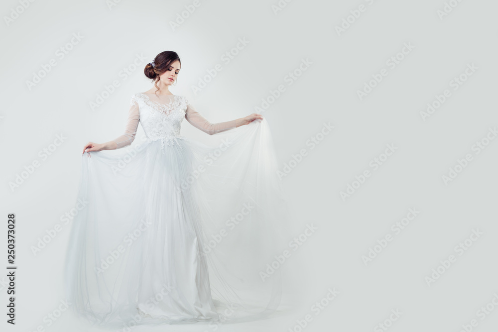 Bride woman in wedding dress on white banner background Bride woman in wedding dress on white banner background