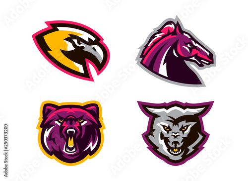 Collection of animal logos. A wolf, a coyote, a bear, a grizzly, a hawk, an eagle, a horse, a stallion. Identity for sports club, mascots. Vector illustration