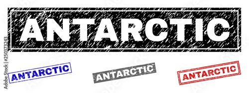 Grunge ANTARCTIC rectangle stamp seals isolated on a white background. Rectangular seals with grunge texture in red, blue, black and grey colors.