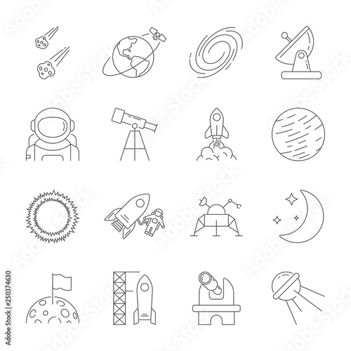 Space icons, astronomy theme, outline style. Contains moon, sun, earth, moon rover, satellite, asteroids, solar, telescope, galaxy, meteorites, observatory and other signs. Editable Stroke. EPS 10