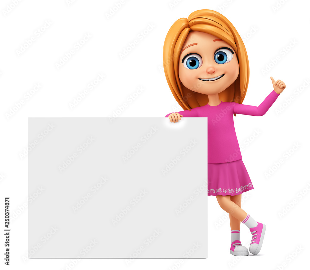 Character cartoon girl leaned against a blank board and shows okay. 3d rendering. Illustration for advertising. Character cartoon girl leaned against a blank board and shows okay. 3d rendering. Illustration for advertising.