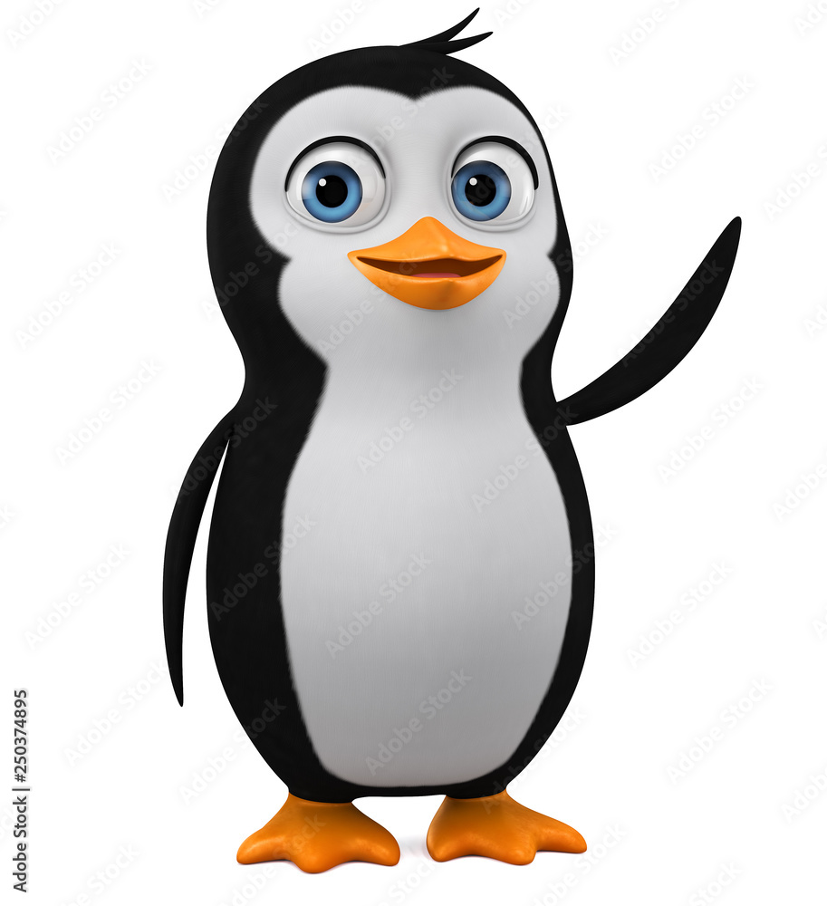 Obraz premium Funny penguin points to an empty space. 3d render illustration.