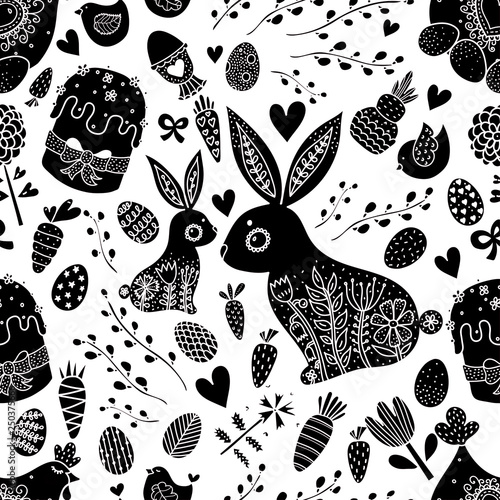 Cute seamless pattern for Easter holiday. Rabbits, Easter eggs, hen hen and  chickens, willow and flowers. Can be used for wallpaper, pattern fills, web page background, postcards.